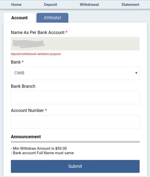 How to make withdrawal on a9play ewallet step 1